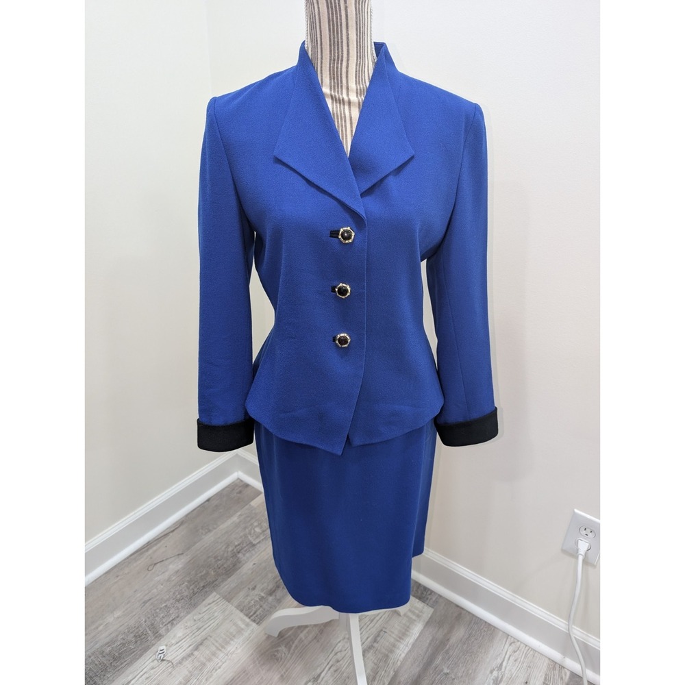 KASPER ASL Skirt Suit Set Petite 6P Two piece Set Blue Wool Preppy Old Money